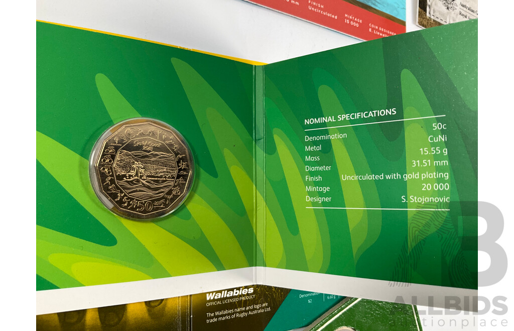 Collection of Australian UNC Coins Including 2018 Gold Plated Fifty Cent, XXI Commonwealth Games, 1984 Seven Coin Set, 2011 Two Coin Set, Australian Wool................