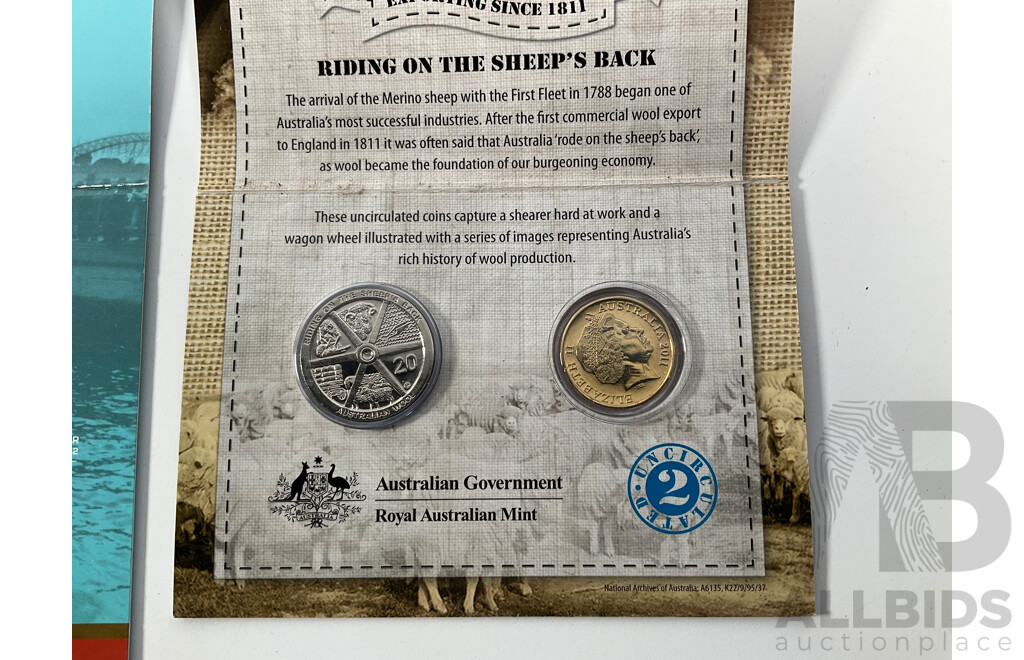 Collection of Australian UNC Coins Including 2018 Gold Plated Fifty Cent, XXI Commonwealth Games, 1984 Seven Coin Set, 2011 Two Coin Set, Australian Wool................