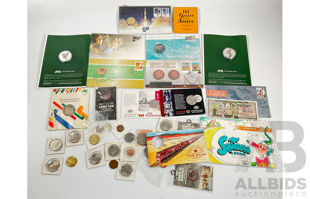 Collection of Australian PNCs Including 2019 Moon Landing, 2008 Centenary of Scouting, 2017 Arthur Streeton and Sidney Nolan, 2009 Dolphins of Australian Coastline, 2012 Merry Christmas, UNC Commemorative Fifty Cent Coins and More