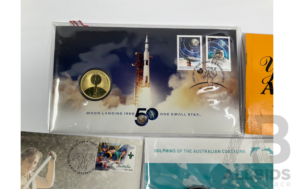 Collection of Australian PNCs Including 2019 Moon Landing, 2008 Centenary of Scouting, 2017 Arthur Streeton and Sidney Nolan, 2009 Dolphins of Australian Coastline, 2012 Merry Christmas, UNC Commemorative Fifty Cent Coins and More