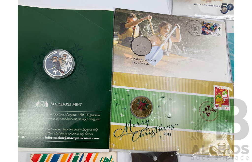Collection of Australian PNCs Including 2019 Moon Landing, 2008 Centenary of Scouting, 2017 Arthur Streeton and Sidney Nolan, 2009 Dolphins of Australian Coastline, 2012 Merry Christmas, UNC Commemorative Fifty Cent Coins and More