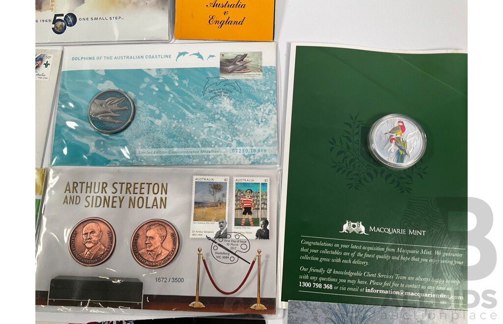 Collection of Australian PNCs Including 2019 Moon Landing, 2008 Centenary of Scouting, 2017 Arthur Streeton and Sidney Nolan, 2009 Dolphins of Australian Coastline, 2012 Merry Christmas, UNC Commemorative Fifty Cent Coins and More