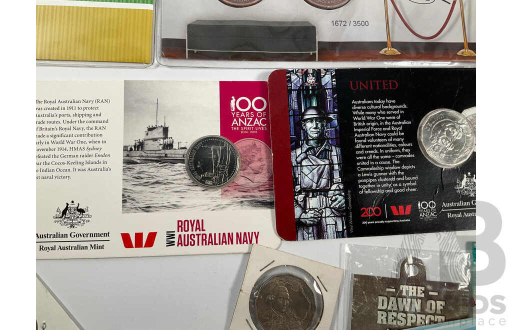 Collection of Australian PNCs Including 2019 Moon Landing, 2008 Centenary of Scouting, 2017 Arthur Streeton and Sidney Nolan, 2009 Dolphins of Australian Coastline, 2012 Merry Christmas, UNC Commemorative Fifty Cent Coins and More