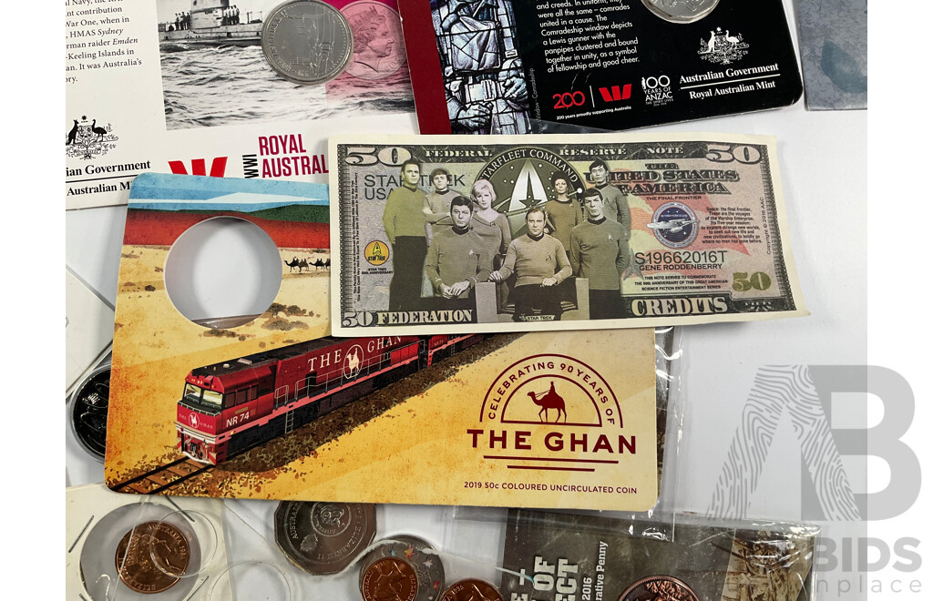 Collection of Australian PNCs Including 2019 Moon Landing, 2008 Centenary of Scouting, 2017 Arthur Streeton and Sidney Nolan, 2009 Dolphins of Australian Coastline, 2012 Merry Christmas, UNC Commemorative Fifty Cent Coins and More