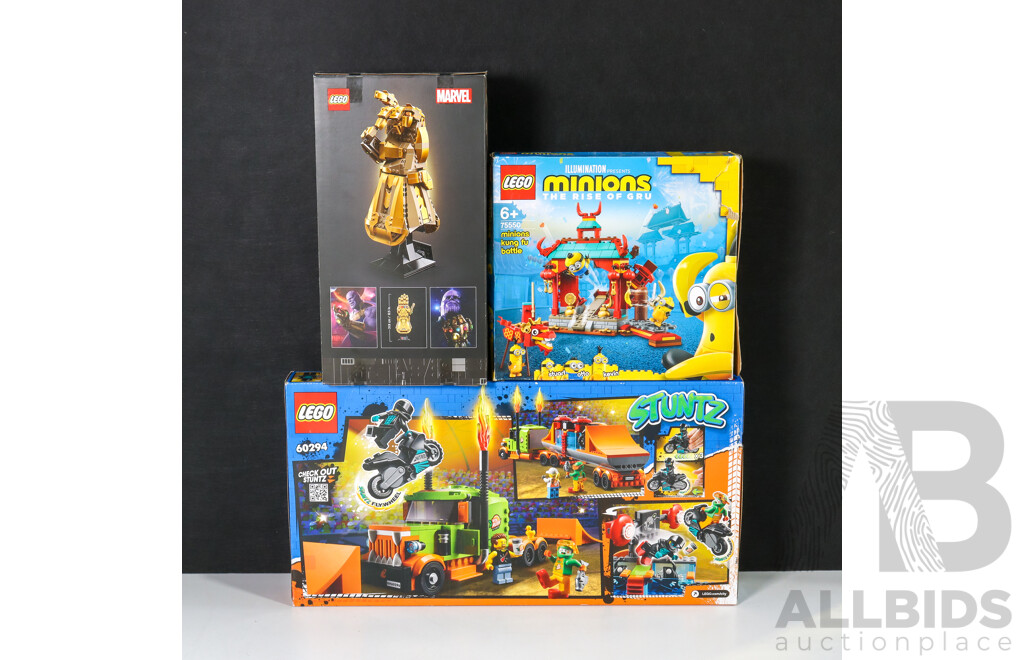 Three Boxed Lego Sets Including Marvel Infinity Gauntlet 76191, Minions Rise Gru 75550, City Stunts 60294