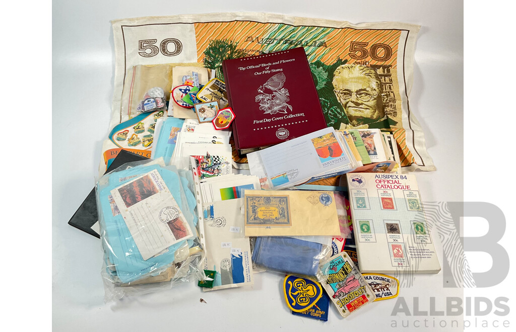 Collection of Australian Stamp Packs and First Day Covers Including USA 1982 Official Birds and Flowers of Our Fifty States First Day Cover Collection with Assortment of Badges and Patches