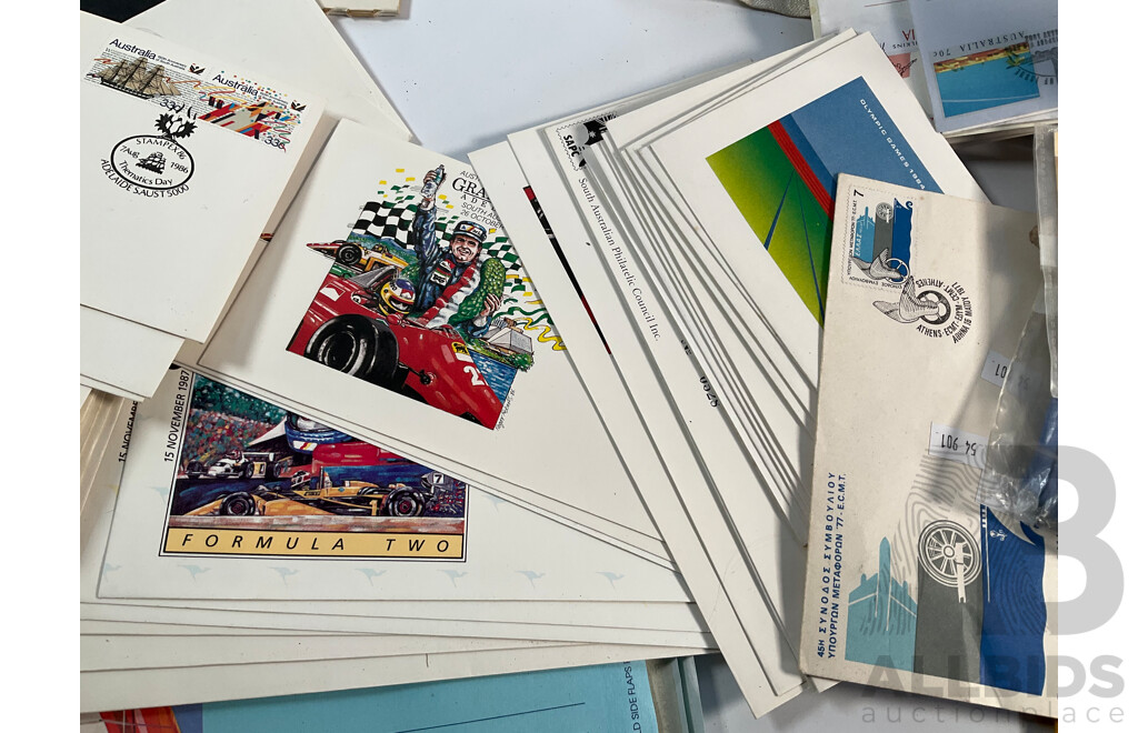 Collection of Australian Stamp Packs and First Day Covers Including USA 1982 Official Birds and Flowers of Our Fifty States First Day Cover Collection with Assortment of Badges and Patches