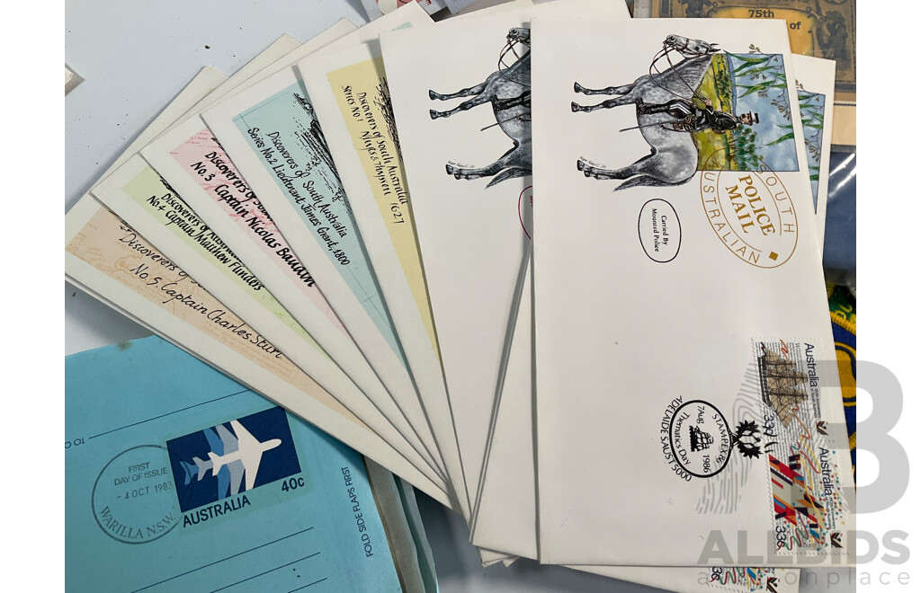 Collection of Australian Stamp Packs and First Day Covers Including USA 1982 Official Birds and Flowers of Our Fifty States First Day Cover Collection with Assortment of Badges and Patches