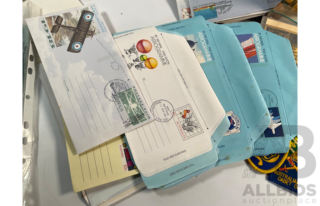 Collection of Australian Stamp Packs and First Day Covers Including USA 1982 Official Birds and Flowers of Our Fifty States First Day Cover Collection with Assortment of Badges and Patches
