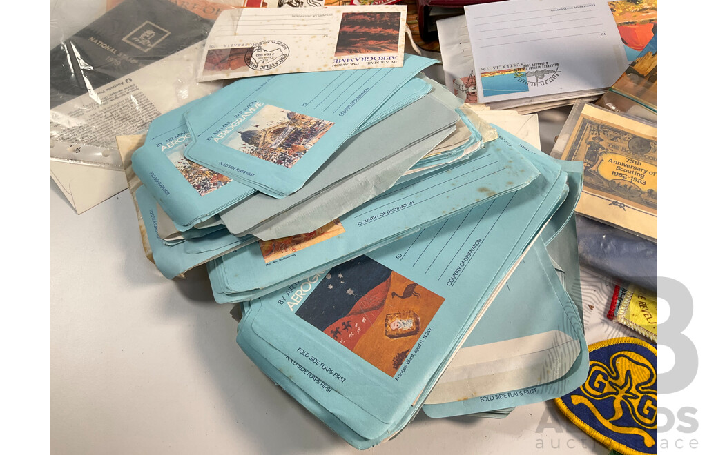 Collection of Australian Stamp Packs and First Day Covers Including USA 1982 Official Birds and Flowers of Our Fifty States First Day Cover Collection with Assortment of Badges and Patches