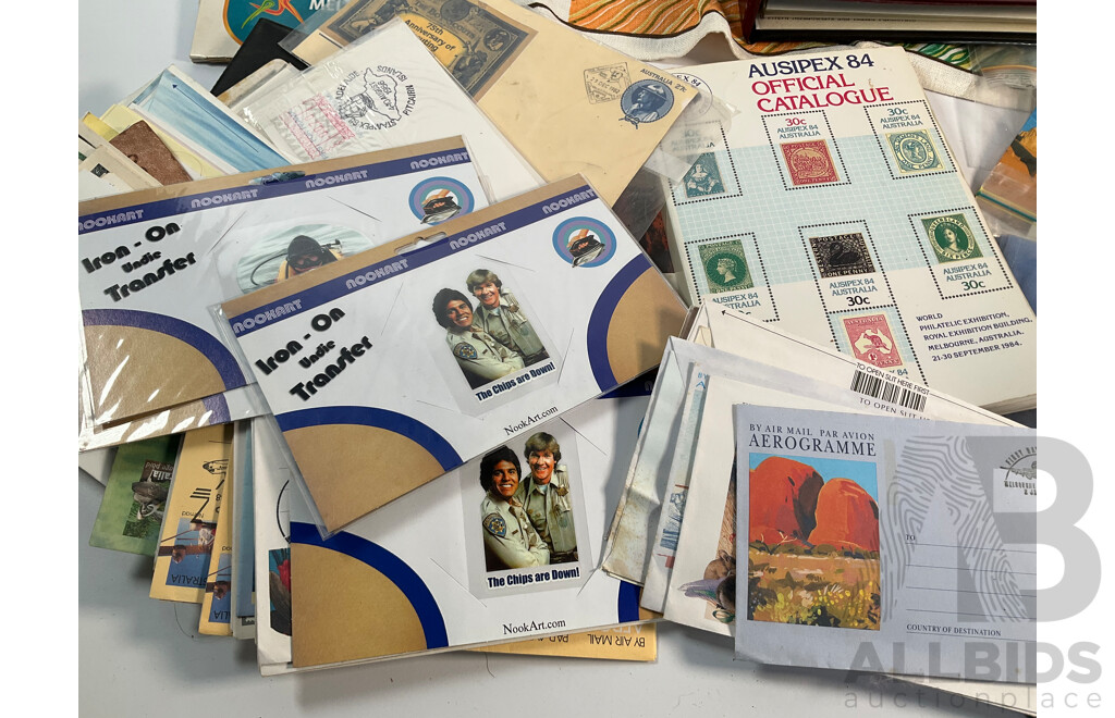 Collection of Australian Stamp Packs and First Day Covers Including USA 1982 Official Birds and Flowers of Our Fifty States First Day Cover Collection with Assortment of Badges and Patches