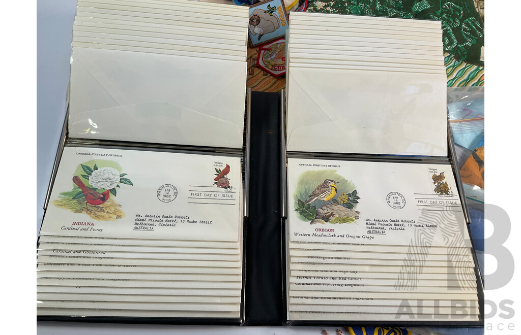 Collection of Australian Stamp Packs and First Day Covers Including USA 1982 Official Birds and Flowers of Our Fifty States First Day Cover Collection with Assortment of Badges and Patches