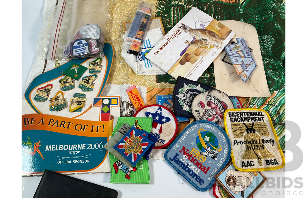 Collection of Australian Stamp Packs and First Day Covers Including USA 1982 Official Birds and Flowers of Our Fifty States First Day Cover Collection with Assortment of Badges and Patches