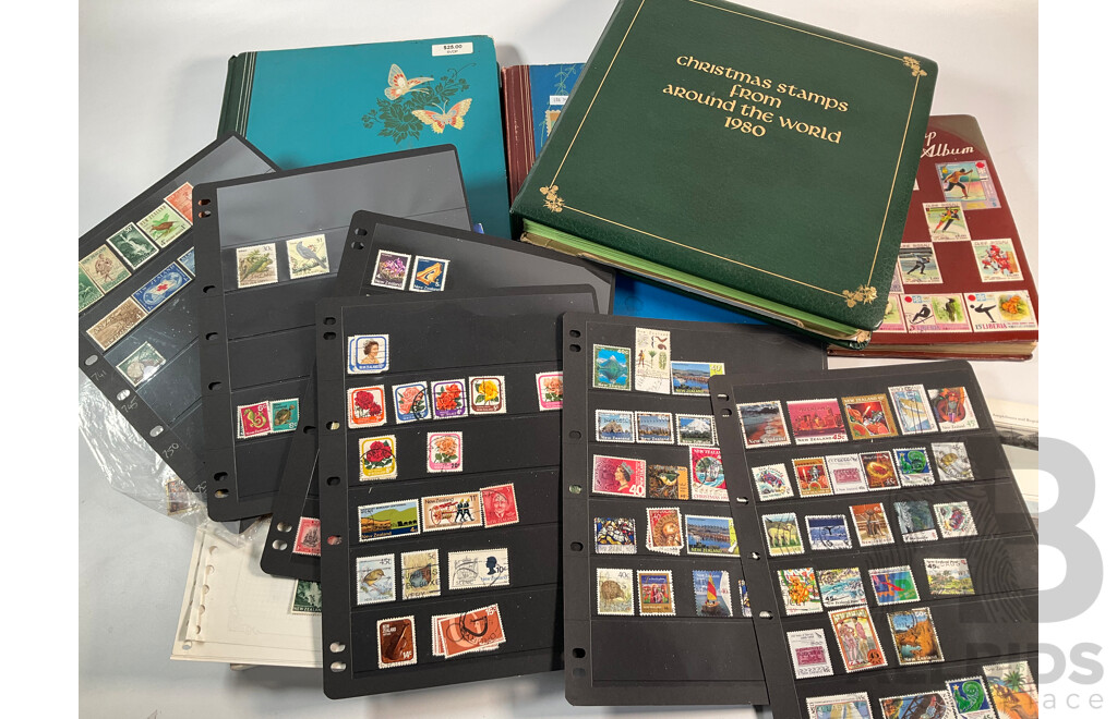 Collection of Stamp Albums Including International, New Zealand Predecimal to 1990's, 1980 Christmas Stamps From Around the World, Stanley Gibbons 2008 Stamps of the World Catalogue