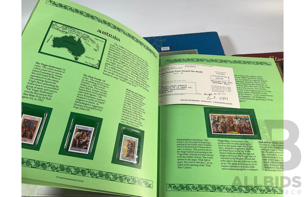 Collection of Stamp Albums Including International, New Zealand Predecimal to 1990's, 1980 Christmas Stamps From Around the World, Stanley Gibbons 2008 Stamps of the World Catalogue