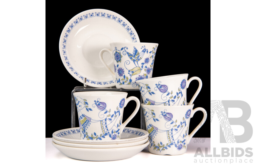 Set Four Mid Century Figgjo Flint Turi Design Lotte Hand Painted Silkscreen Porcelain Duos