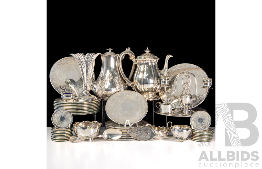 Collection Silver Plate Pieces Including 37 Strachan Coasters in Four Sizes, Teapots, Vases and More
