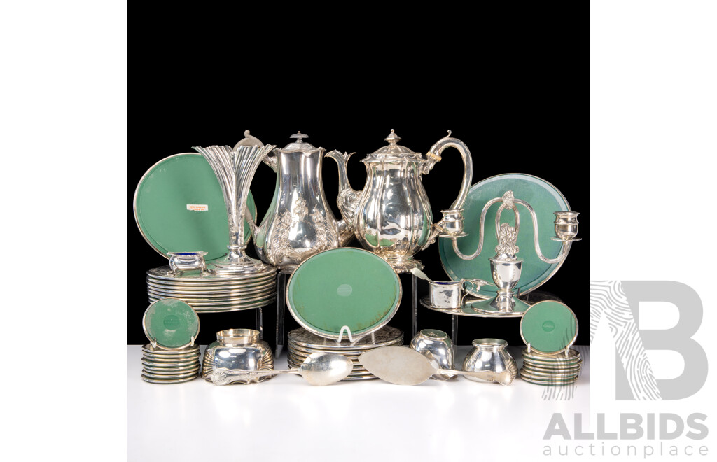 Collection Silver Plate Pieces Including 37 Strachan Coasters in Four Sizes, Teapots, Vases and More