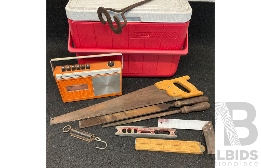 Vintage NATIONAL PANASONIC Cassette Recorder (RQ-416S), COLEMAN Cooler Esky and S Branding Iron and Assorted Vintage Woodworking Tools - Lot of 10