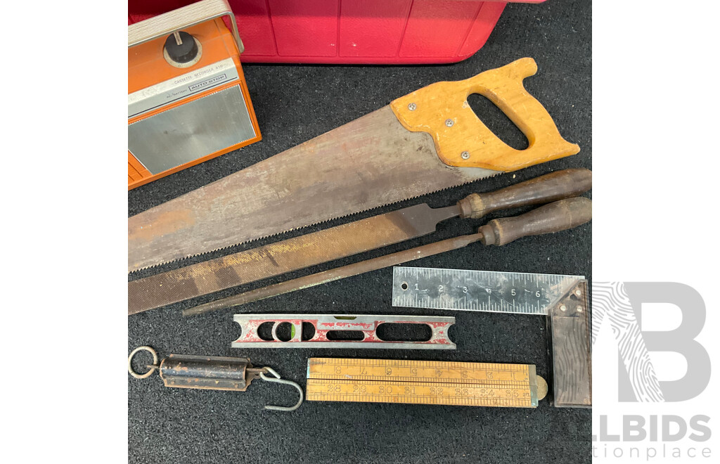 Vintage NATIONAL PANASONIC Cassette Recorder (RQ-416S), COLEMAN Cooler Esky and S Branding Iron and Assorted Vintage Woodworking Tools - Lot of 10