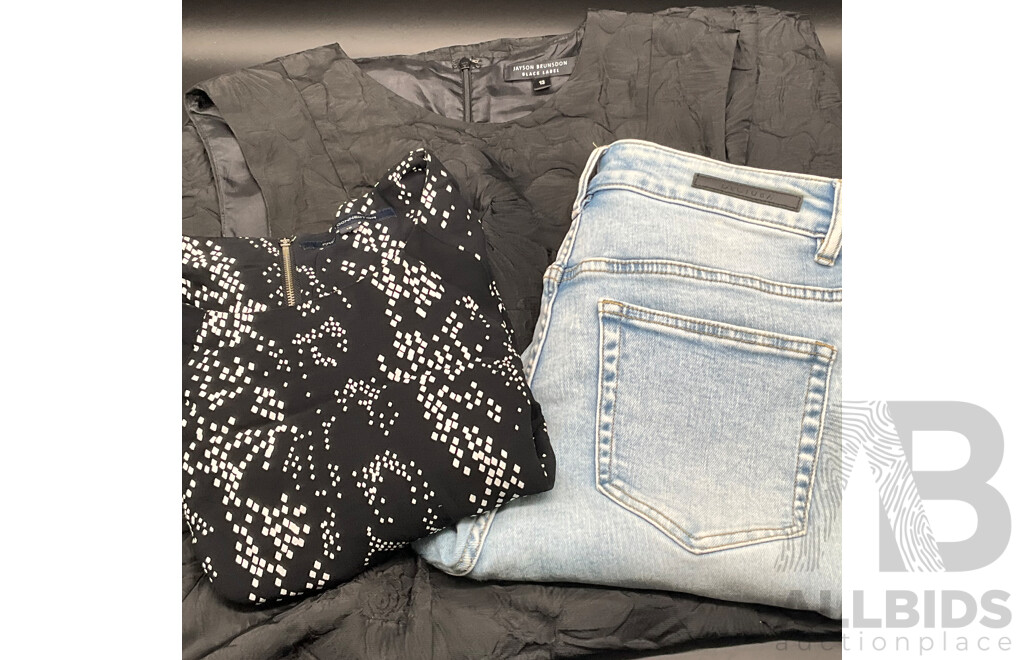 JAYSON BRUNSDOM Black Label Black Floral Jacquard Dress, FRENCH CONNECTION Patern Dress and DECJUBA Denim Jeans - Lot of 3