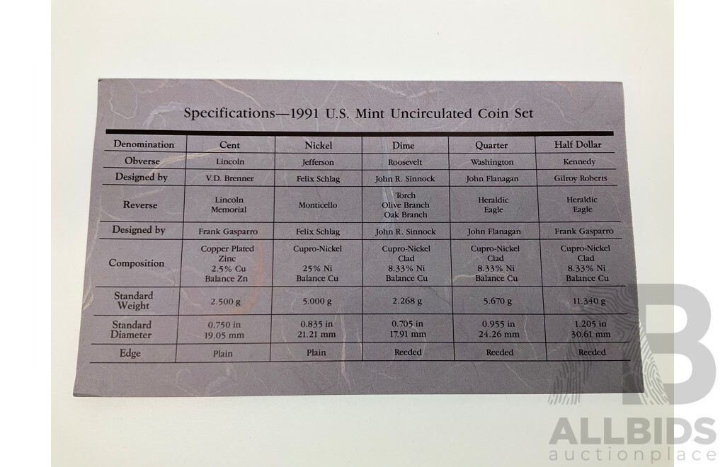 USA 1991 UNC Coin Sets, Denver and Philadelphia Mints