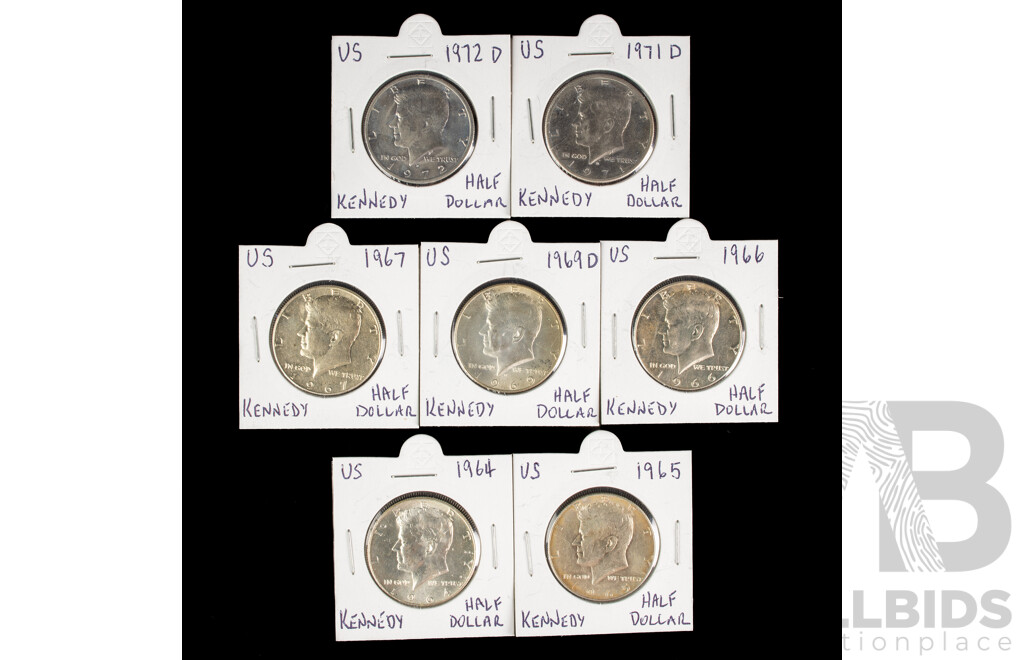 Seven USA Kennedy Half Dollars Including Silver 1964, 1965, 1966, 1967, 1969D, 1971D, 1972D