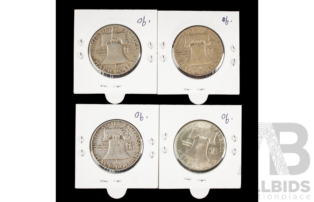 Four USA Franklin Silver Half Dollars Including 1953S, 1954, 1962D, 1962D 1962D-AMR Stamped  .900