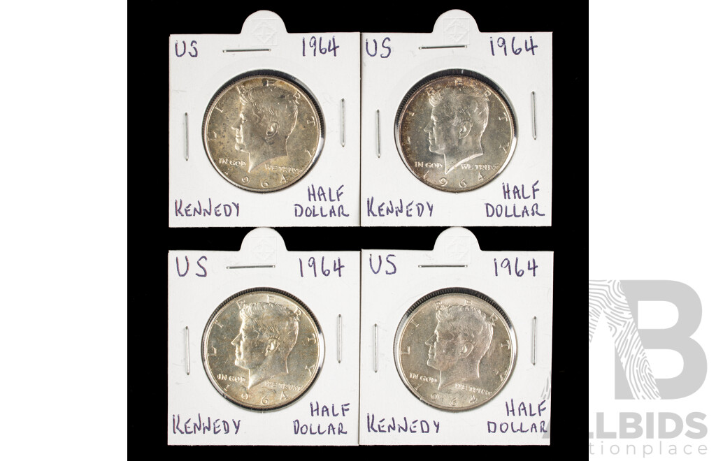 Four USA 1964 Kennedy Silver Half Dollars .900