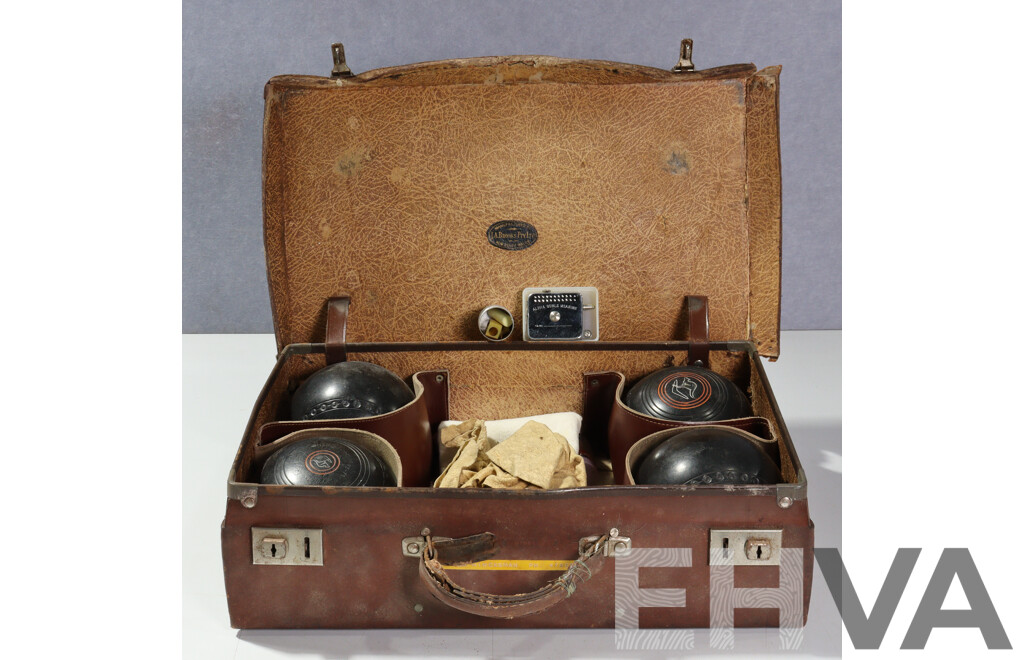 Set Four Henselite Super Grip Lawn Bowls in Original Box Along with Set Four Same in Leather Case