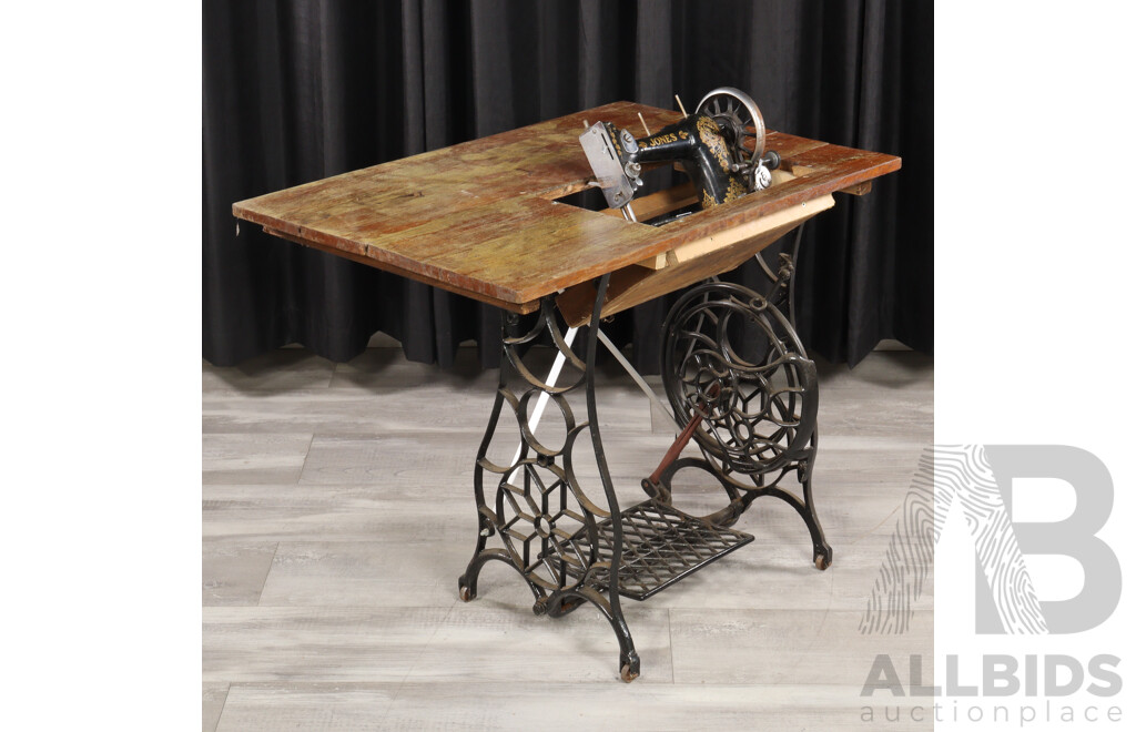 Vintage Jones Sewing Machine Over Treadle Base