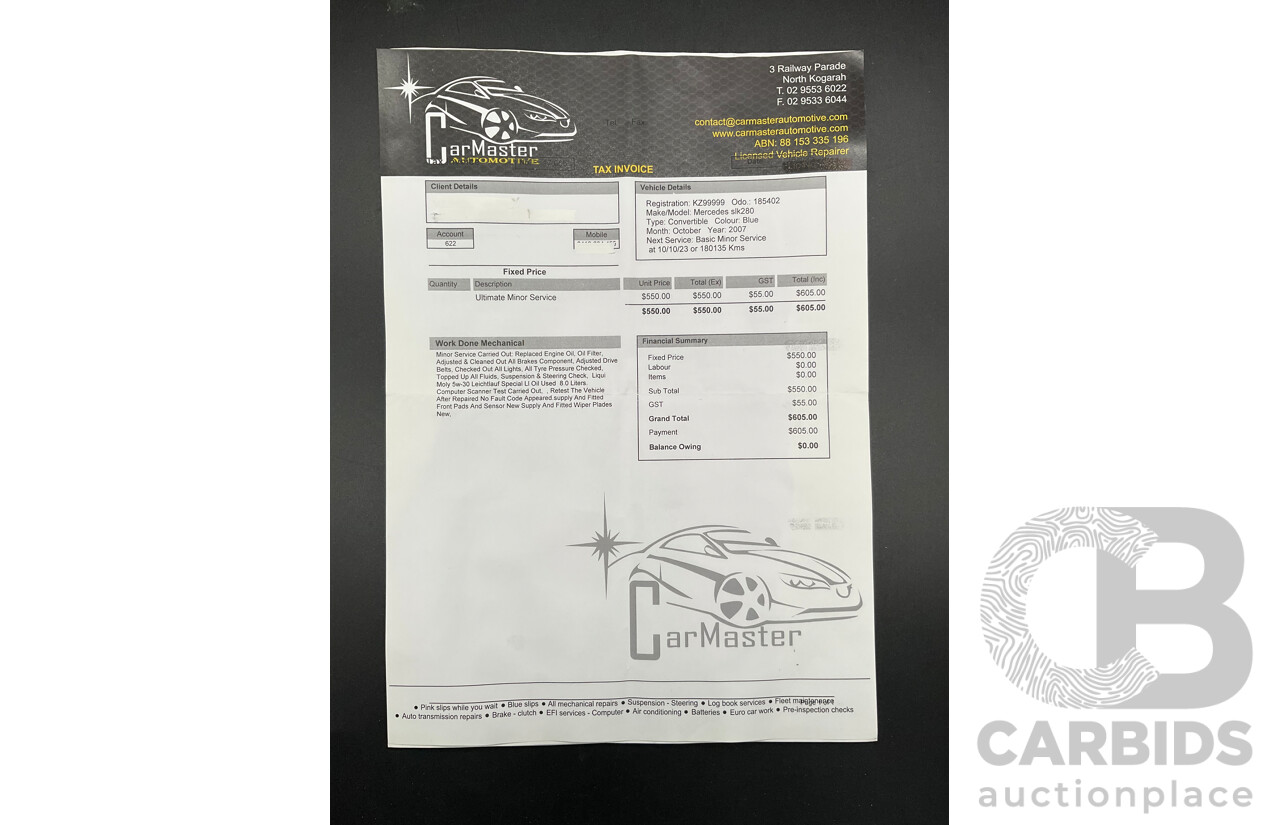 2/2008 Mercedes-Benz SLK 280 R171 07 Upgrade 2d Convertible Benotoite Blue Metallic V6 3.0L