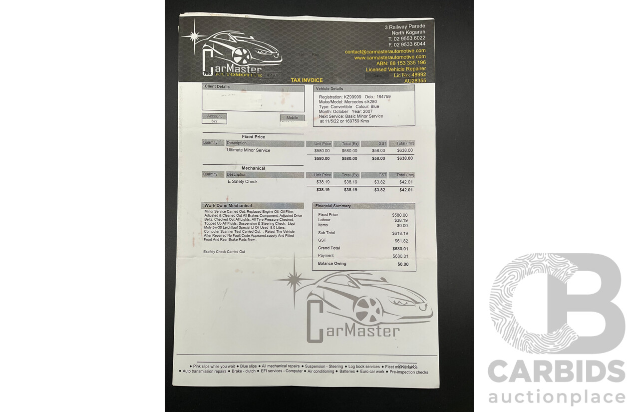 2/2008 Mercedes-Benz SLK 280 R171 07 Upgrade 2d Convertible Benotoite Blue Metallic V6 3.0L