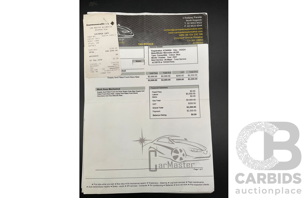 2/2008 Mercedes-Benz SLK 280 R171 07 Upgrade 2d Convertible Benotoite Blue Metallic V6 3.0L