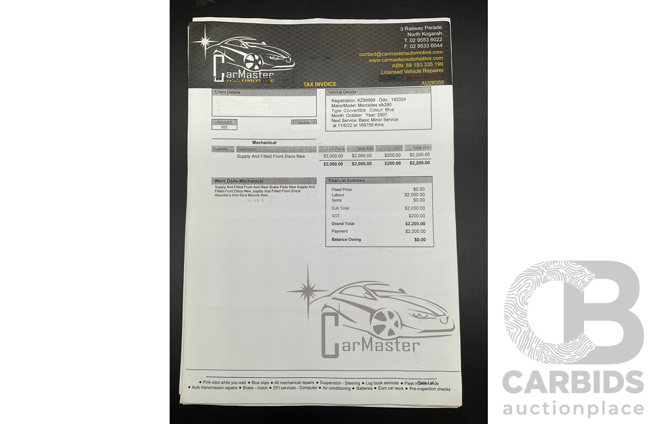 2/2008 Mercedes-Benz SLK 280 R171 07 Upgrade 2d Convertible Benotoite Blue Metallic V6 3.0L