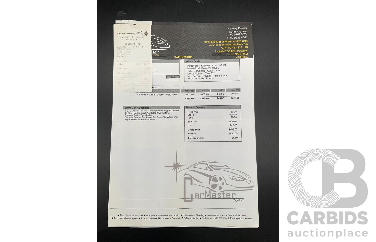 2/2008 Mercedes-Benz SLK 280 R171 07 Upgrade 2d Convertible Benotoite Blue Metallic V6 3.0L