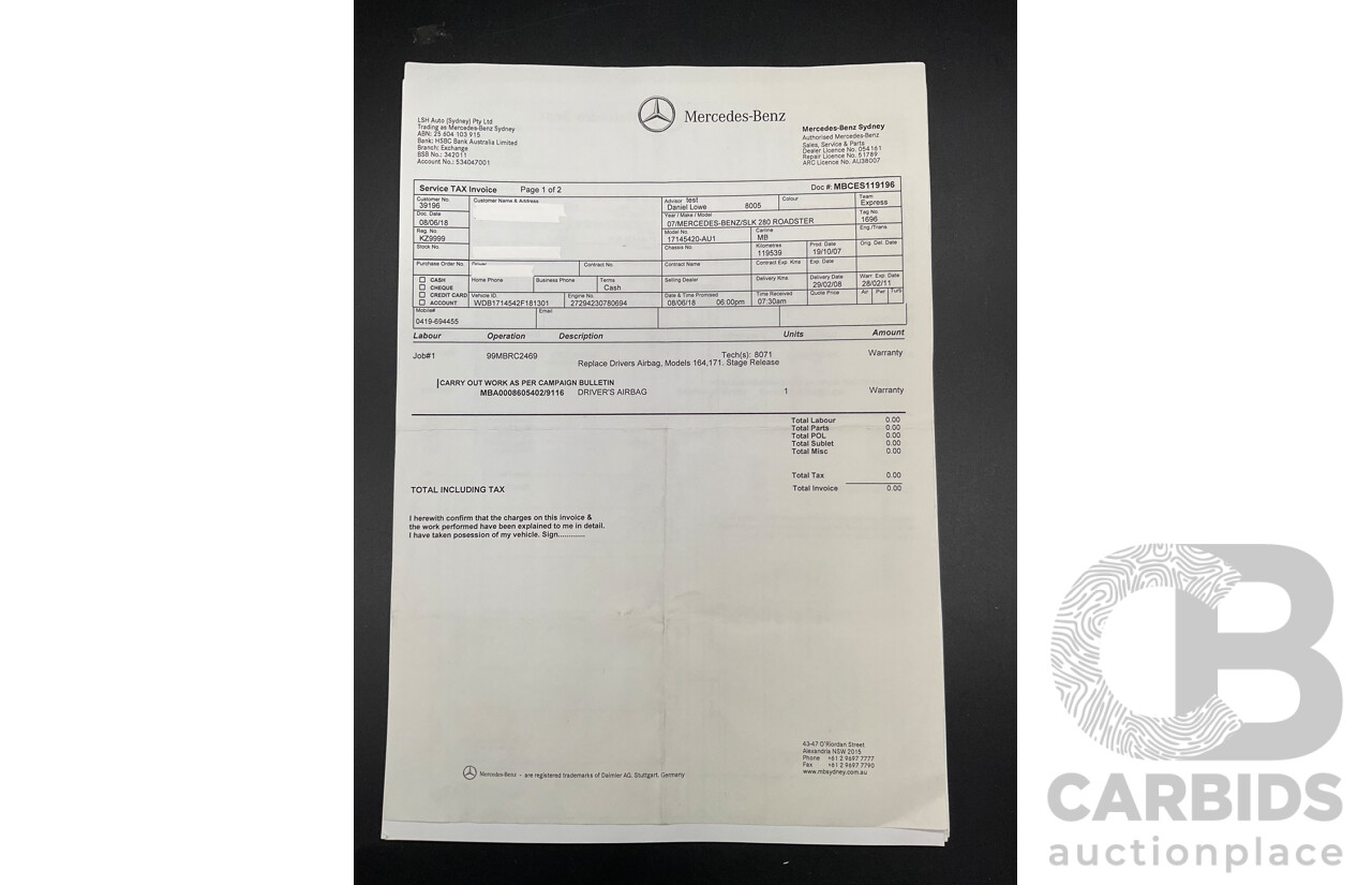 2/2008 Mercedes-Benz SLK 280 R171 07 Upgrade 2d Convertible Benotoite Blue Metallic V6 3.0L