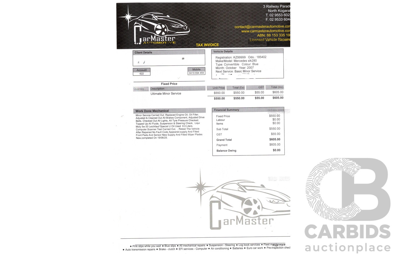 2/2008 Mercedes-Benz SLK 280 R171 07 Upgrade 2d Convertible Benotoite Blue Metallic V6 3.0L