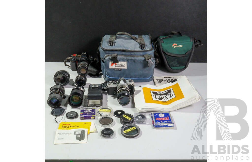 Vintage Nikon 35mm Cameras in Soft Case with Three Lenses, Nikon F 801 AF Camera in Soft Case, Two Nikon F 801& One Nikon F 90x Cameras