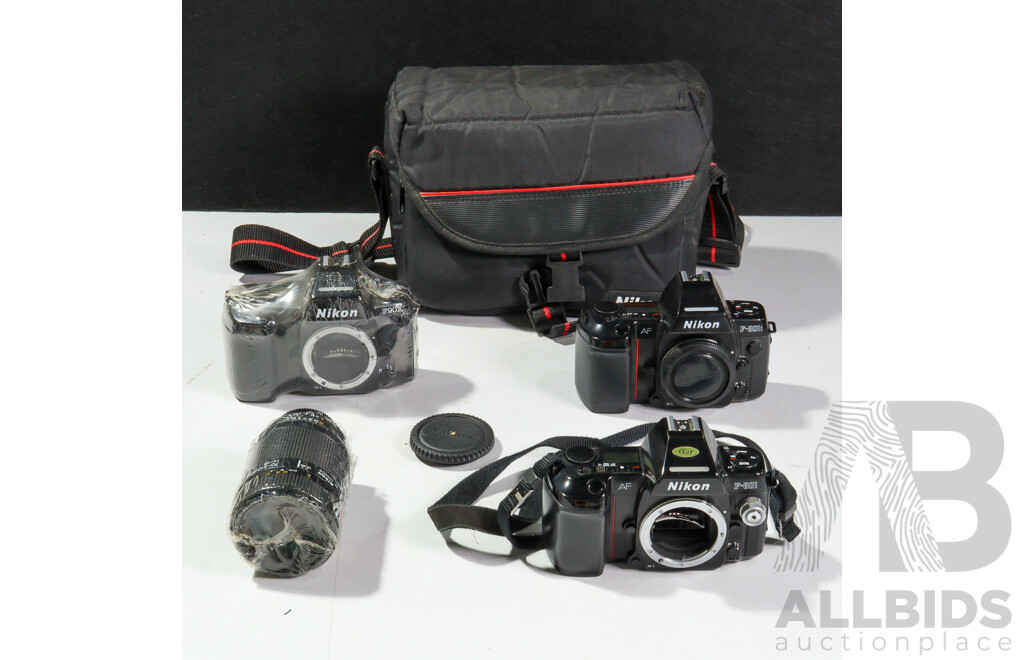Vintage Nikon 35mm Cameras in Soft Case with Three Lenses, Nikon F 801 AF Camera in Soft Case, Two Nikon F 801& One Nikon F 90x Cameras