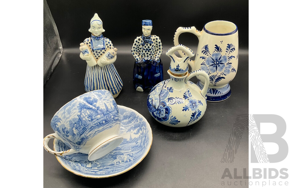DELFT HOLLAND Dutch Boy and Girl Decanters, Erven Lucas Bols Liquor Decanter and Tulip Shaped Mug and Teacup and Saucer by H&M Sutherland - Lot of 5