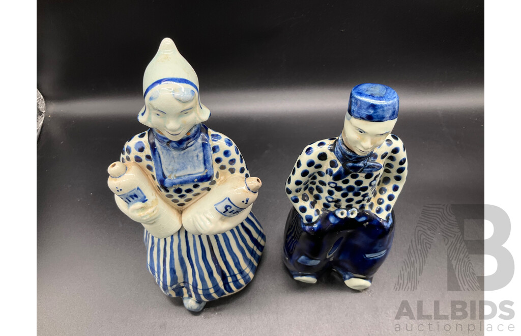DELFT HOLLAND Dutch Boy and Girl Decanters, Erven Lucas Bols Liquor Decanter and Tulip Shaped Mug and Teacup and Saucer by H&M Sutherland - Lot of 5