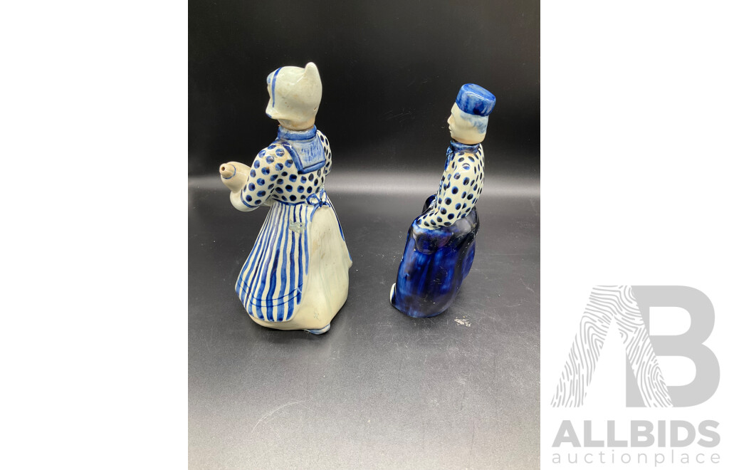 DELFT HOLLAND Dutch Boy and Girl Decanters, Erven Lucas Bols Liquor Decanter and Tulip Shaped Mug and Teacup and Saucer by H&M Sutherland - Lot of 5