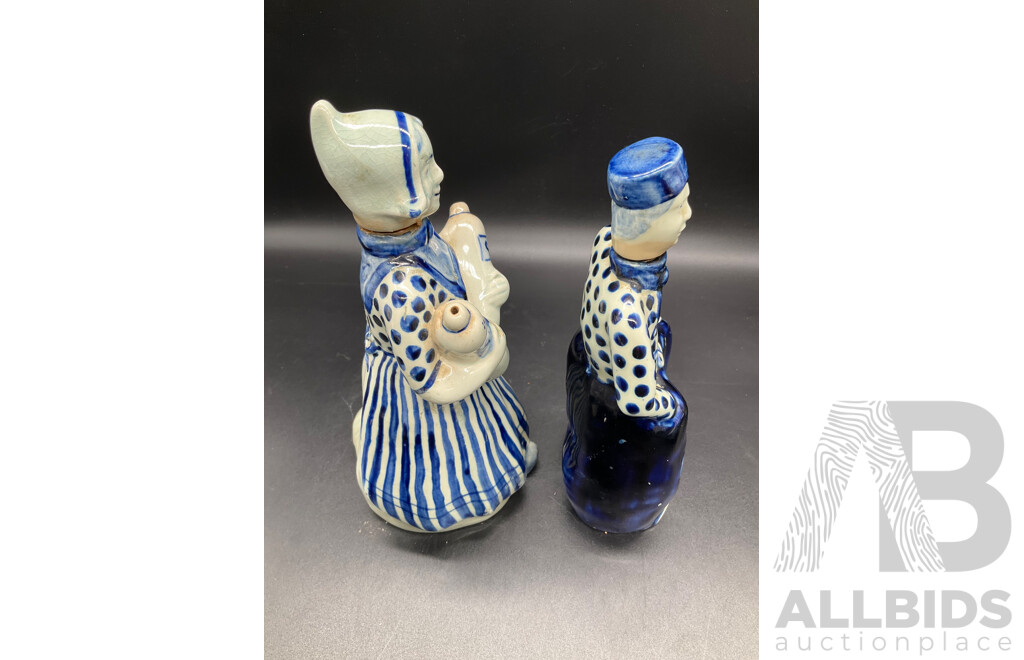 DELFT HOLLAND Dutch Boy and Girl Decanters, Erven Lucas Bols Liquor Decanter and Tulip Shaped Mug and Teacup and Saucer by H&M Sutherland - Lot of 5