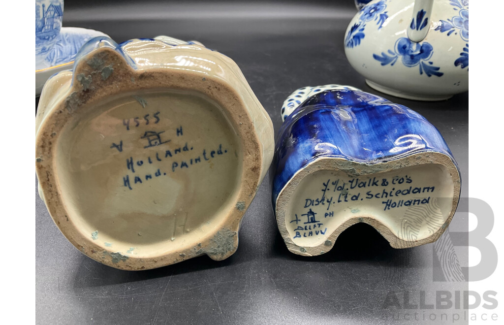 DELFT HOLLAND Dutch Boy and Girl Decanters, Erven Lucas Bols Liquor Decanter and Tulip Shaped Mug and Teacup and Saucer by H&M Sutherland - Lot of 5