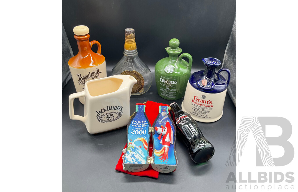 Assorted Empty Whisky Decanters, Original Full Coca-Cola in Glass Bottle From the NACS Show 1998 and Vintage McDonald's 2000 Orlando Worldwide Convention Hinged Coca-Cola Bottle - Lot of 7