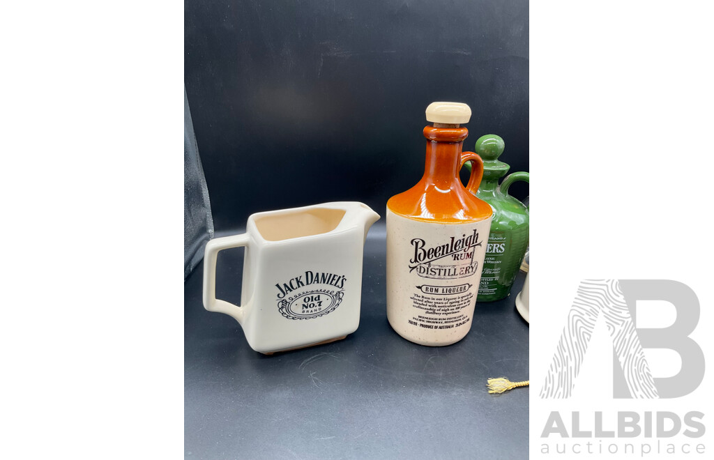 Assorted Empty Whisky Decanters, Original Full Coca-Cola in Glass Bottle From the NACS Show 1998 and Vintage McDonald's 2000 Orlando Worldwide Convention Hinged Coca-Cola Bottle - Lot of 7