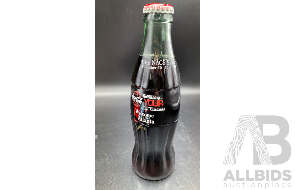Assorted Empty Whisky Decanters, Original Full Coca-Cola in Glass Bottle From the NACS Show 1998 and Vintage McDonald's 2000 Orlando Worldwide Convention Hinged Coca-Cola Bottle - Lot of 7