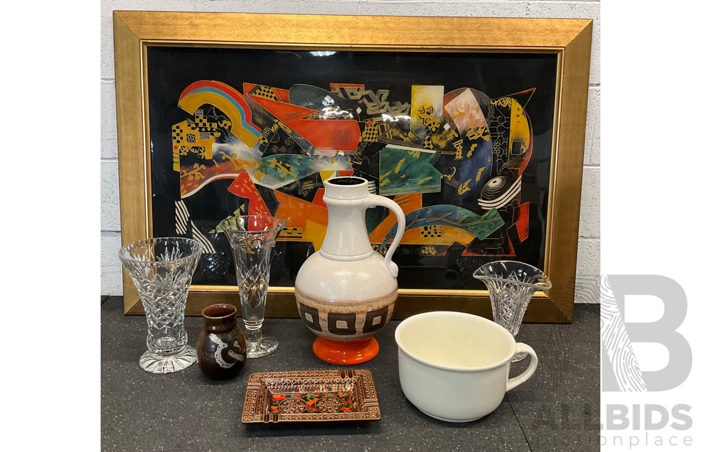 West Germany Jug (390/40), English Chamber Pot, Assorted Crystal Vases, Large Framed Printed Picture and More - Lot of 8