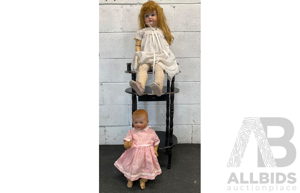 Two Vintage Bisque Dolls and Table Tier 3 Levels Table - Lot of 3